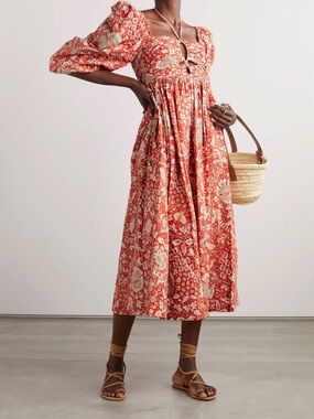 Ulla Johnson Orange and Cream Floral Midi Dress with Puff Sleeves